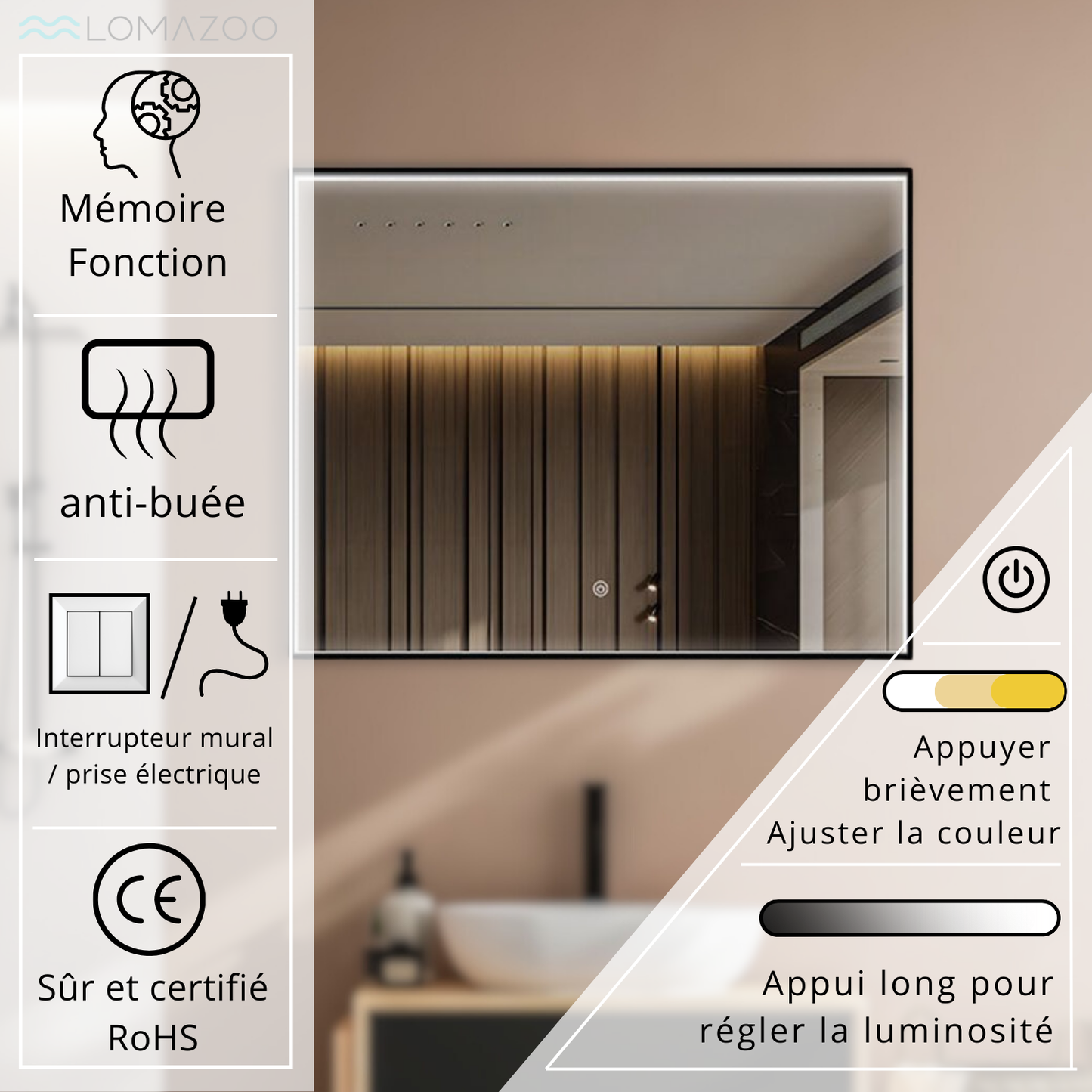 Miroir Rectangulaire LED Bordeaux - 80 cm